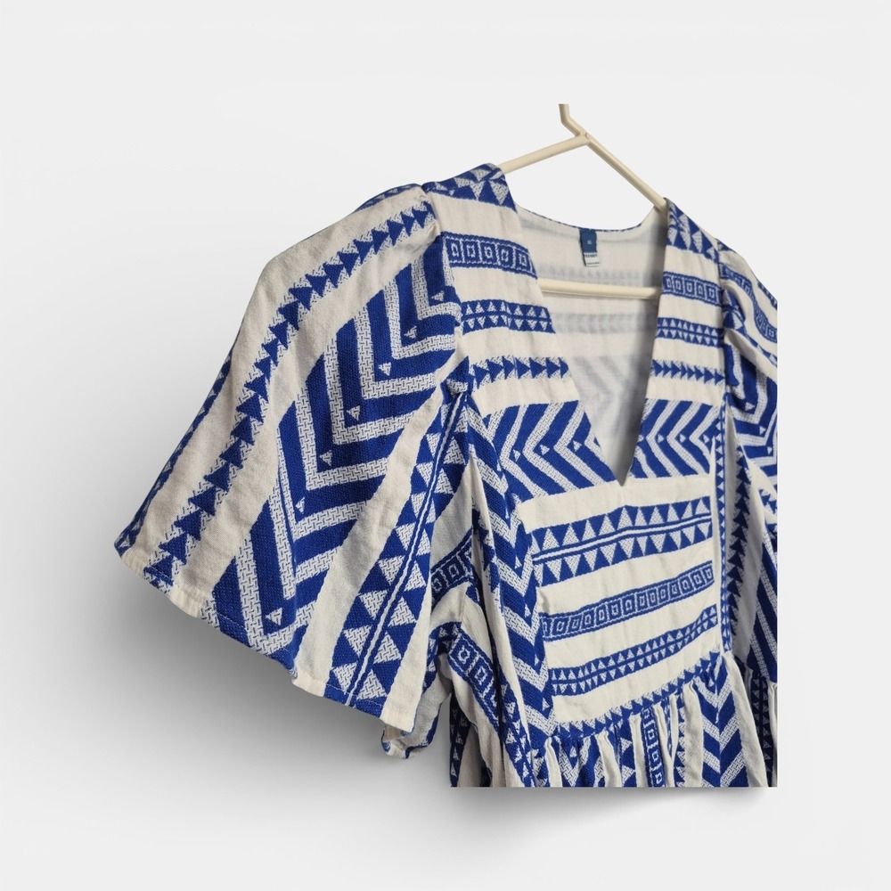 Old Navy XL Blue White Geometric Tribal V-Neck Flutter Sleeve Mini Dress Cotton - Picture 5 of 8